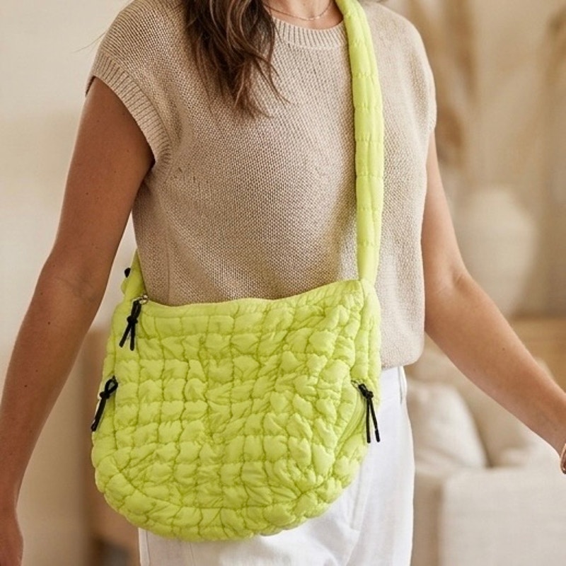 Boutique | Neon Yellow Quilted Puffer Crossbody Bag Long Strap Zipper | O/S